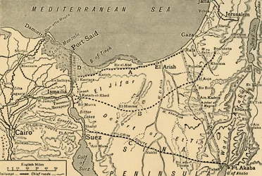 Kort over det tyrkiske angreb på Suez-kanalen, Egypten, Første Verdenskrig, 1915, c1920.