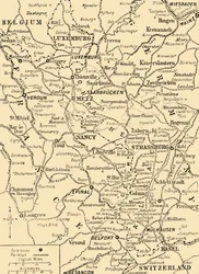 Kort, der viser grænsen mellem Frankrig og Tyskland, Første Verdenskrig, ca. 1915, ca. 1920