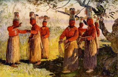 Maskerede dansere fra Opaina, floden Apaporis, Brasilien