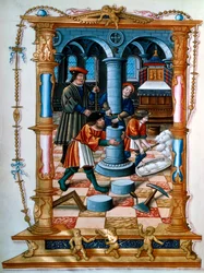 Murere, der bygger en søjle i en kirke, ca. 1525