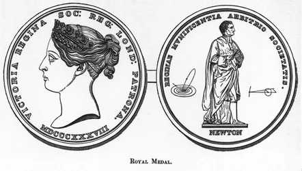 Medalje viser Sir Isaac Newton, engelsk matematiker