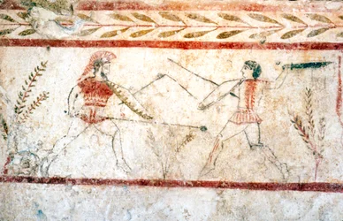Mænd, der kæmper med spyd, Paestum, c4. århundrede f.Kr