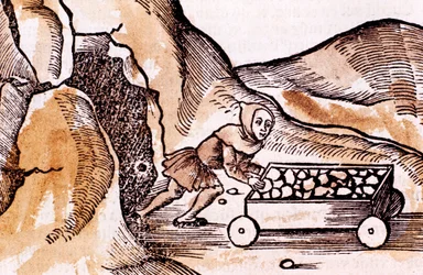 Minearbejder skubber en trolley fra en mineindgang, 1508