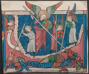 Miniature fra a Manuscript of the Apocalypse: The War in Heaven, ca. 1295.