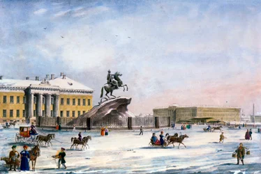 Peter den Stores monument på Senatspladsen i Skt. Petersborg, Rusland, vinter, 1822