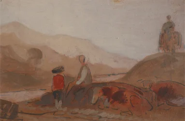 Bjerglandskab med figurer ved en sø, 1825 til 1830.