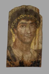 Mumie-portræt af en mand iført laurbærkrans, Fayum, tidligt til midten af 2. århundrede.
