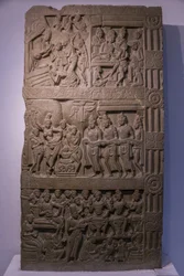 Indiens Nationalmuseum, Delhi. Scener fra Buddhas liv. Ikshvaku, 3. århundrede e.Kr. Nagarjunakonda, Andhra Pradesh. Grålig kalksten. Detalje. Indien.