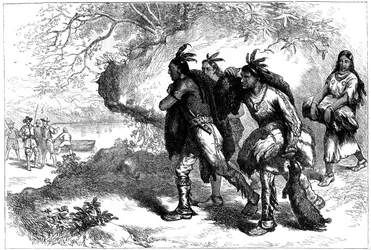 Indfødte amerikanere bringer bæverskind til europæiske handlende, 1600-tallet c1880