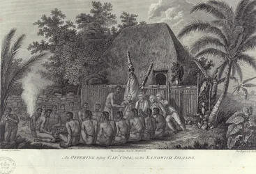 Indfødte fra Sandwichøerne, Hawaii, slagter svin før Captain Cook, c1778