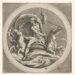 Neptun stiger op af havet og bærer en stav, ledsaget af to hestehovedet ..., ca. 1550-1600.