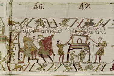 Nyheder om, at Harold bliver bragt til William, og et hus bliver brændt af normannerne, Bayeux Tapestry (uldbroderi på linned)