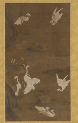 Ni hvide egrets og et piletræ, Ming-dynastiet, 1400-tallet.