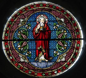 Notre-Dame Saint-Lazare kollegiale kirke. Glasmosaik vindue. Gud. Avallon. Frankrig