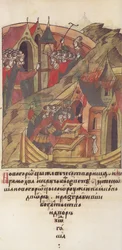 Novgorod veche. Novgorodianerne plyndrer hoffet i Posadnik. Fra den Illuminated Compiled Chronicle