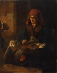 Gammel kvinde plukker en høns, 16501655.