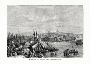 Gammel havn og Notre Dame de la Garde, Marseille, Frankrig, 1879