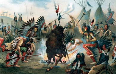 Oleografi af en Sioux-krigsdans, c1890