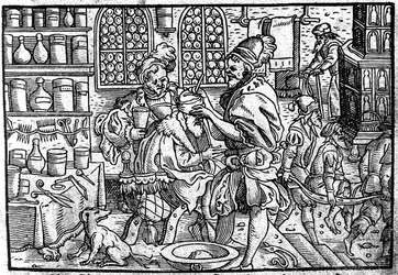 Operation på en mands hoved. Fra: Den store sårmedicin af Theophrastus Bombastus von Hohenheim, 1562