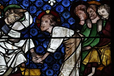 Vor Frue af Strasbourg-katedralen. Glasmosaik vindue. Kristus vasker apostlenes fødder. 14. århundrede. Strasbourg. Frankrig.