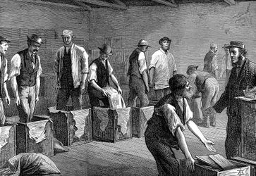 Pakker te i varehusene hos East & West India Dock Company, London, 1874