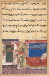 Side fra Fortællinger om en papegøje Tuti-nama: Attende nat: Papegøjen taler til..., ca. 1560.