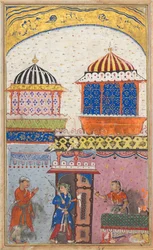 Side fra Tales of a Parrot Tuti-nama: Ottende nat: En kvinde beder sin elsker om at forlade..., ca. 1560.