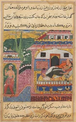 Side fra Fortællinger om en papegøje Tuti-nama: Ottende nat: Bonden, far til sønnen..., 1558-1560.