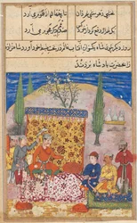 Side fra Fortællinger om en papegøje Tuti-nama: Ottende nat: Den unge prins præsenteres..., 1558-1560.