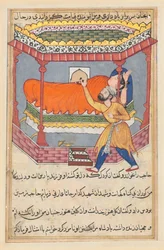 Side fra Tales of a Parrot Tuti-nama: Halvtredsindstyvende nat: Kongen placerer talismanen..., ca. 1560.