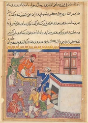 Side fra Tales of a Papegøje Tuti-nama: Halvtredsindstyvende nat: Kongens udsendte bliver leveret..., ca. 1