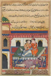 Side fra Tales of a Parrot Tuti-nama: Fyrre nat: Shahr-Arai og hendes elsker..., ca. 1560.