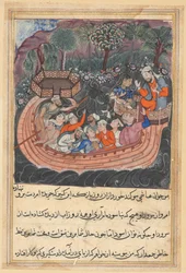Side fra Tales of a Parrot Tuti-nama: Ottendeogfyrre nat: Den unge mand fra Bagdad..., ca. 1560.