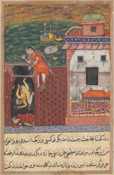 Side fra Tales of a Parrot Tuti-nama: Fjerde nat: De to kokke..., ca. 1560.