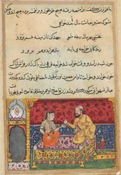 Side fra Fortællinger om en papegøje Tuti-nama: Syttende nat: Den unge mand..., ca. 1560.