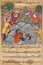 Side fra Tales of a Parrot Tuti-nama: Rajas datter og hendes elsker stenet..., ca. 1560.