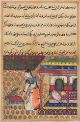 Side fra Tales of a Parrot Tuti-nama: Otteogtredive nat: Papegøjen henvender sig til Khujasta, c1560.