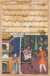 Side fra Tales of a Parrot Tuti-nama: Femogtredive nat: Brahmanen giver..., ca. 1560.