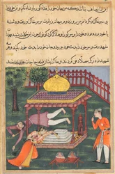 Side fra Fortællinger om en papegøje Tuti-nama: Seksogtredivte nat: Mahrusa dræber sig selv..., ca. 1560