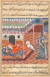 Side fra Tales of a Parrot Tuti-nama: Sjetteogtredive nat: Kongen drømmer om en dame..., ca. 1560.