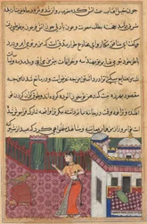 Side fra Tales of a Parrot Tuti-nama: Treogtredive nat: Papegøjen henvender sig til Khujasta..., ca. 15