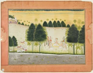 Side fra en Bhagavata Purana: Nanda og de ældste i råd med gopaerne, ca. 1690-1700.