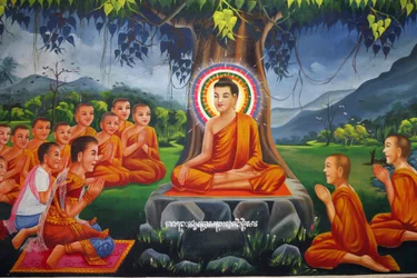 Maleri, der viser Buddha-undervisning under et træ, med kong Bimbisara i Rajagaha Udong Cambodge