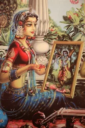 Maleri, der forestiller Radha, der ser på et billede af Krishna. Indien