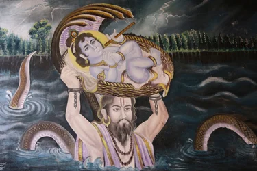 Maleri i Gokul: Krishna som baby båret over Yamuna-floden af Vasudeva. Indien