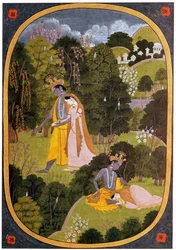 Maleri af Radha og Krishna i en lund