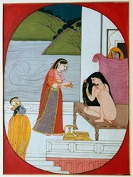 Maleri af guden Khrishna, der ser Radha ved hendes bad, 1800-tallet