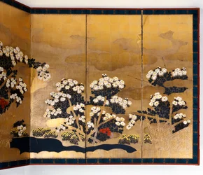 Par skærme med 6 paneler med guldbaggrund, Edo-periode, japansk, 1600-1867