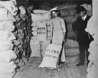 En del af Canadas gave af mel til nødhjælp i England, 1915