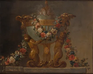 Parfumebrænder understøttet af baby tritons og kranset med blomster, 1700-tallet.